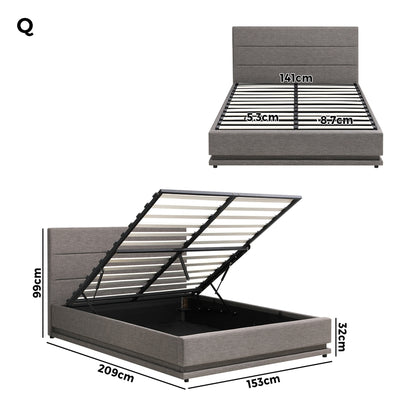 Oikiture Bed Frame Queen Bed Frame LED Mattress Base with Gas Lift and Storage Space Grey-Bed Frames-PEROZ Accessories
