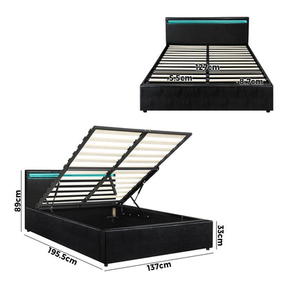 Oikiture Bed Frame RGB LED Double Size Gas Lift Storage Base Black-Bed Frames-PEROZ Accessories