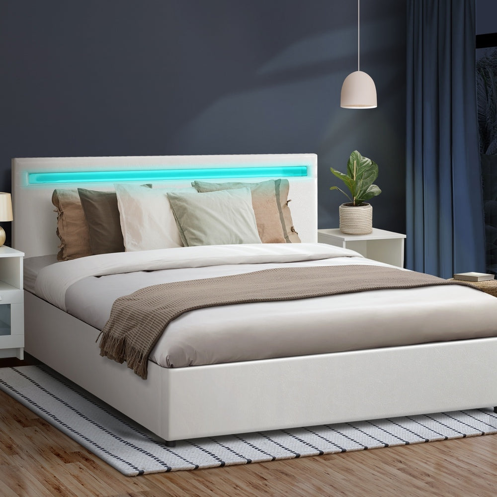 Oikiture Bed Frame RGB LED Double Size Gas Lift Storage Base White-Bed Frames-PEROZ Accessories