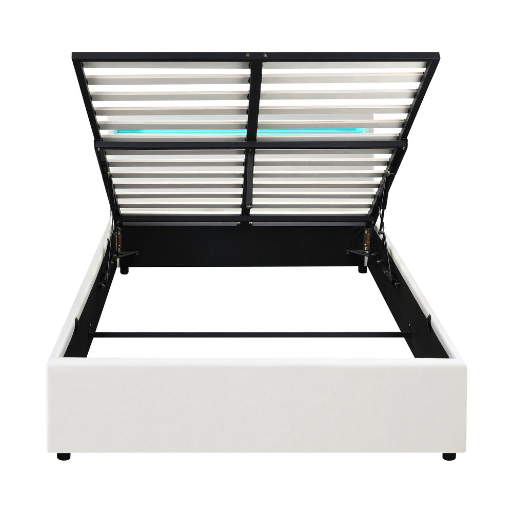 Oikiture Bed Frame RGB LED Double Size Gas Lift Storage Base White-Bed Frames-PEROZ Accessories