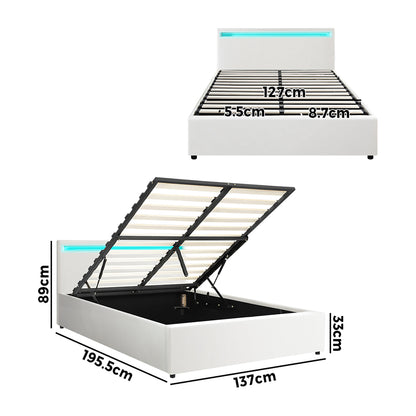 Oikiture Bed Frame RGB LED Double Size Gas Lift Storage Base White-Bed Frames-PEROZ Accessories
