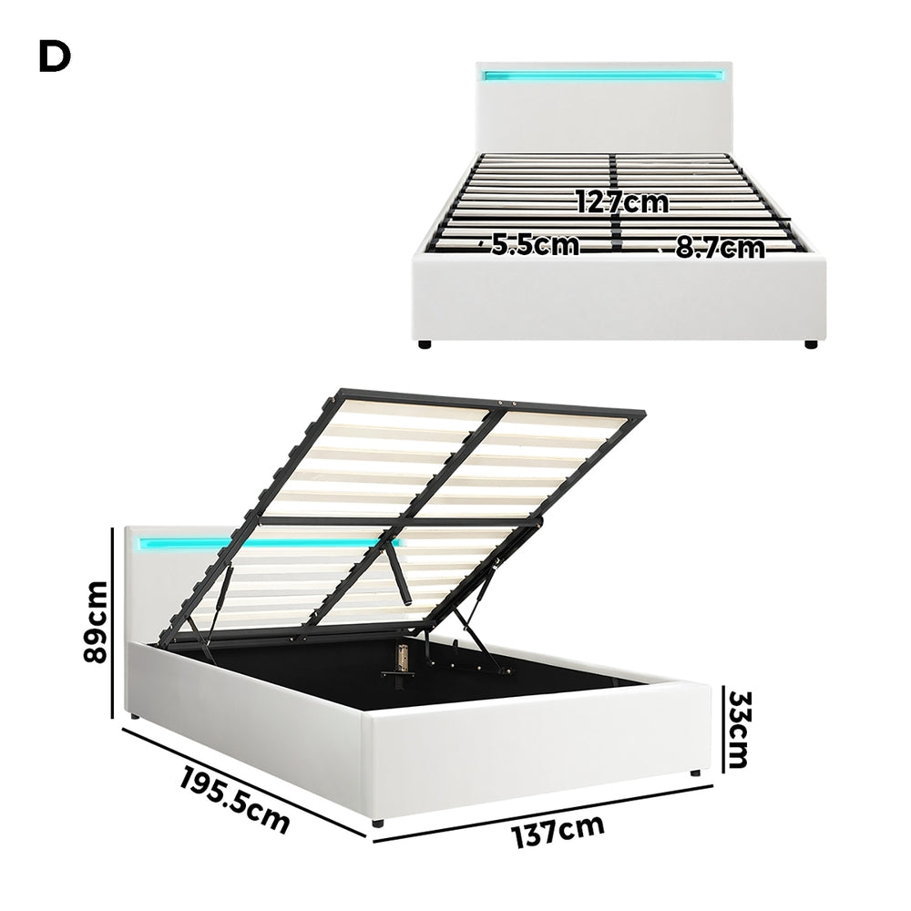 Oikiture Bed Frame RGB LED Double Size Gas Lift Storage Base White-Bed Frames-PEROZ Accessories