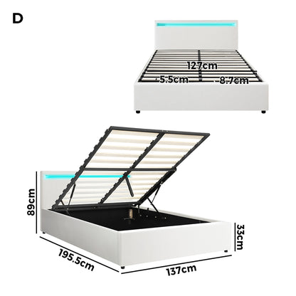 Oikiture Bed Frame RGB LED Double Size Gas Lift Storage Base White-Bed Frames-PEROZ Accessories