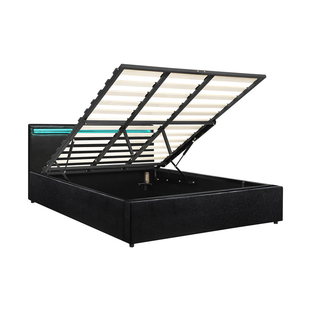 Oikiture Bed Frame RGB LED King Size Gas Lift Storage Base Black-Bed Frames-PEROZ Accessories