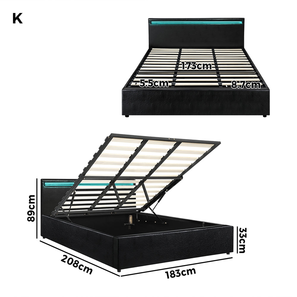 Oikiture Bed Frame RGB LED King Size Gas Lift Storage Base Black-Bed Frames-PEROZ Accessories