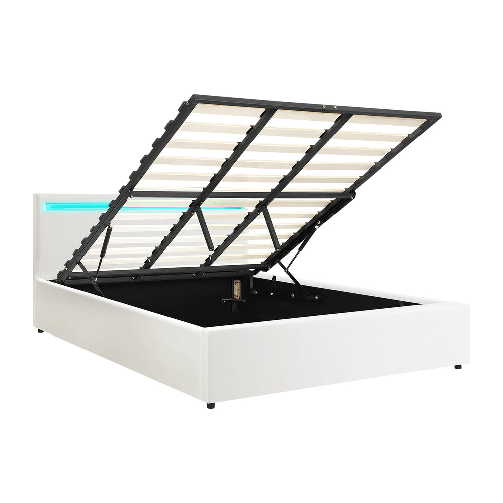Oikiture Bed Frame RGB LED King Size Gas Lift Storage Base White-Bed Frames-PEROZ Accessories