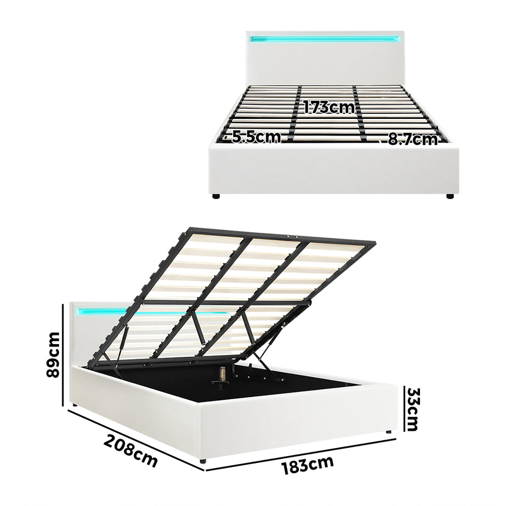 Oikiture Bed Frame RGB LED King Size Gas Lift Storage Base White-Bed Frames-PEROZ Accessories