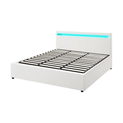 Oikiture Bed Frame RGB LED King Size Gas Lift Storage Base White-Bed Frames-PEROZ Accessories