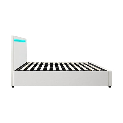 Oikiture Bed Frame RGB LED King Size Gas Lift Storage Base White-Bed Frames-PEROZ Accessories