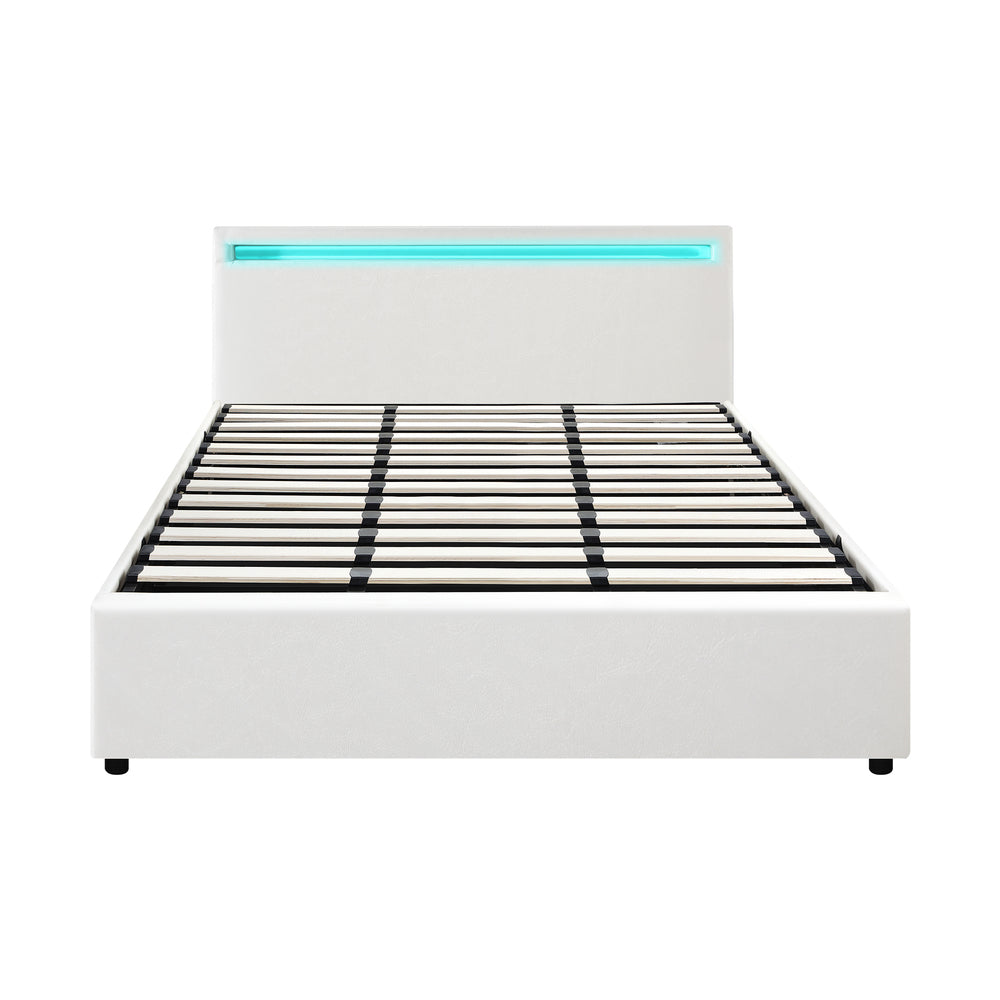 Oikiture Bed Frame RGB LED King Size Gas Lift Storage Base White-Bed Frames-PEROZ Accessories
