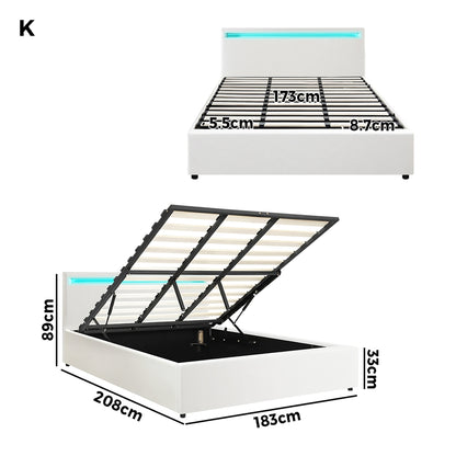 Oikiture Bed Frame RGB LED King Size Gas Lift Storage Base White-Bed Frames-PEROZ Accessories