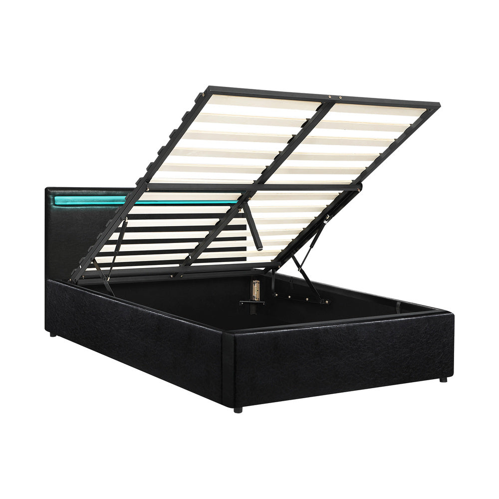 Oikiture Bed Frame RGB LED King Single Gas Lift Storage Base Black-Bed Frames-PEROZ Accessories