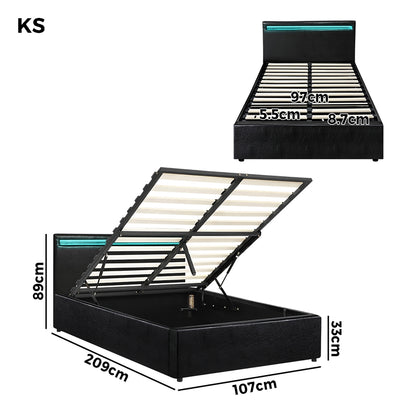Oikiture Bed Frame RGB LED King Single Gas Lift Storage Base Black-Bed Frames-PEROZ Accessories