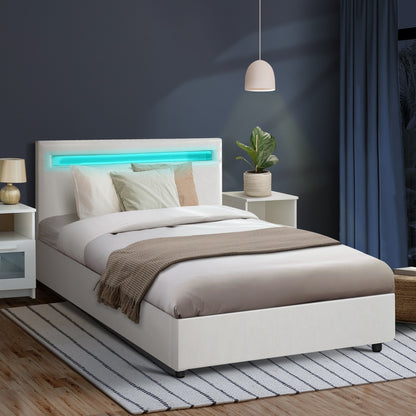 Oikiture Bed Frame RGB LED King Single Gas Lift Storage Base White-Bed Frames-PEROZ Accessories