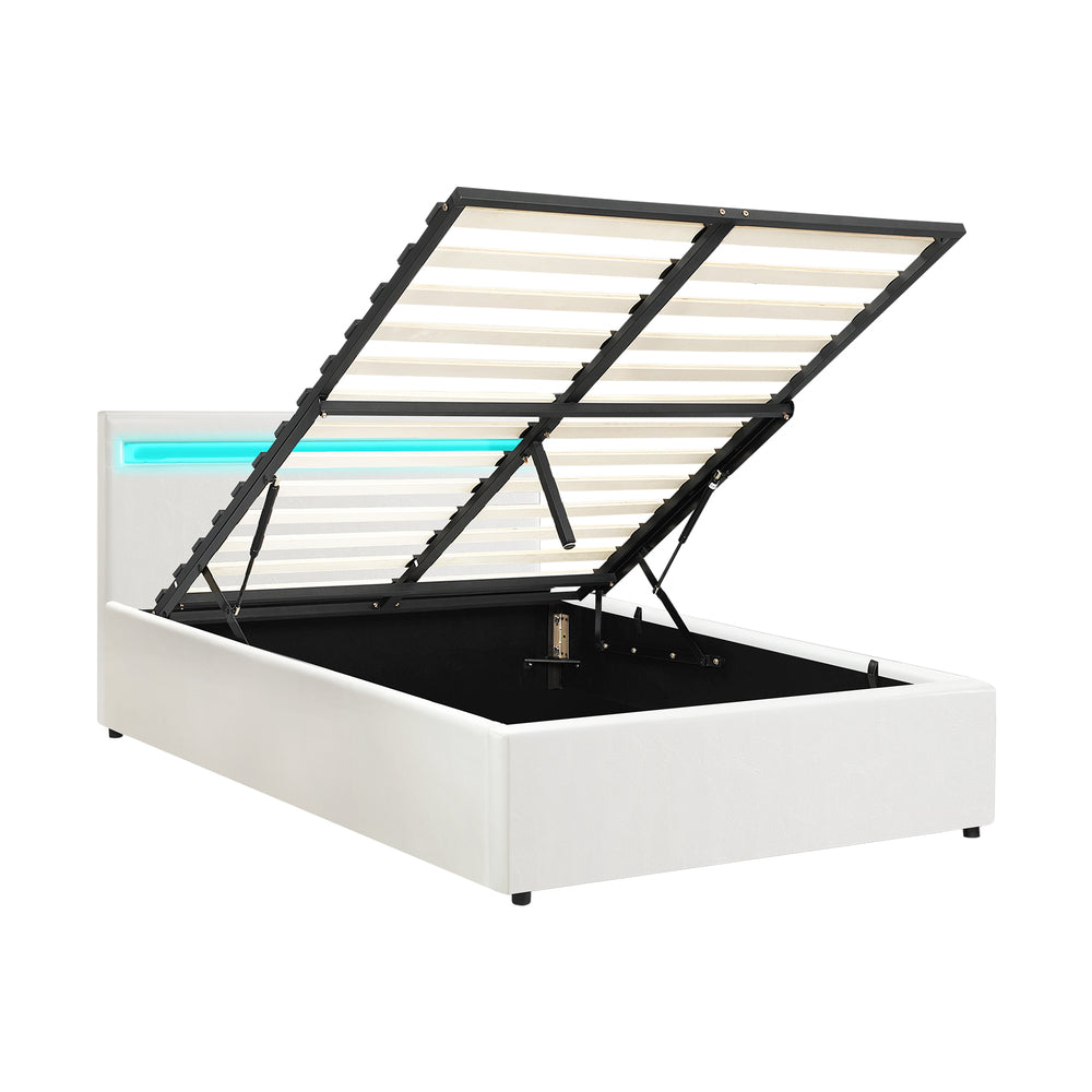 Oikiture Bed Frame RGB LED King Single Gas Lift Storage Base White-Bed Frames-PEROZ Accessories