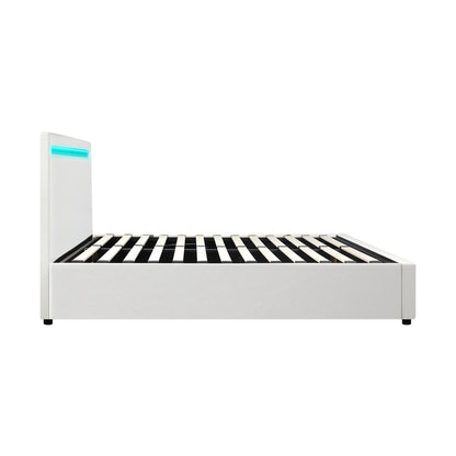 Oikiture Bed Frame RGB LED King Single Gas Lift Storage Base White-Bed Frames-PEROZ Accessories