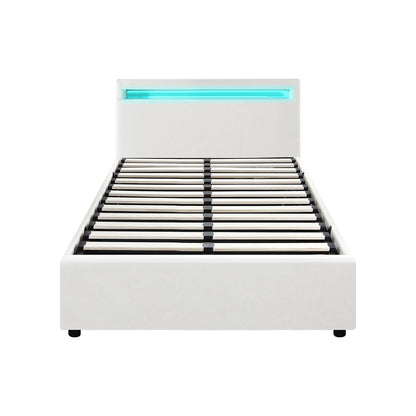 Oikiture Bed Frame RGB LED King Single Gas Lift Storage Base White-Bed Frames-PEROZ Accessories