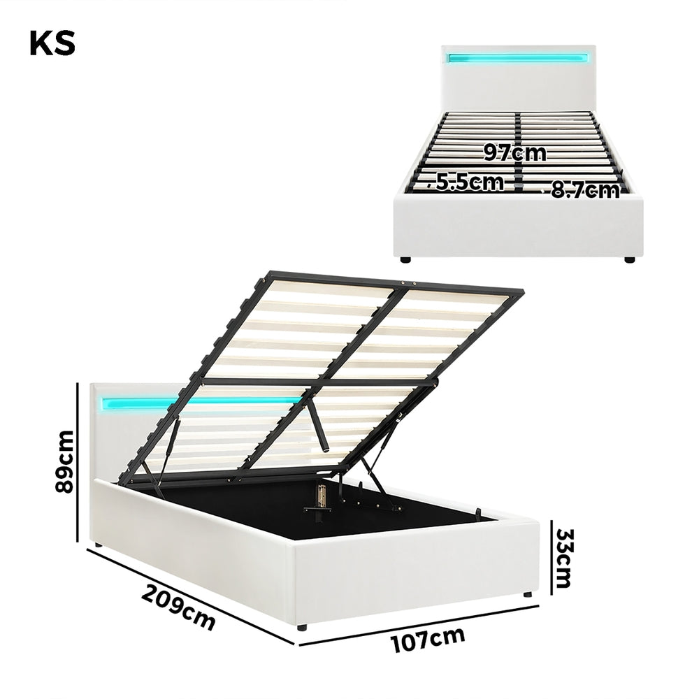 Oikiture Bed Frame RGB LED King Single Gas Lift Storage Base White-Bed Frames-PEROZ Accessories