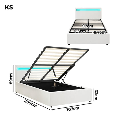 Oikiture Bed Frame RGB LED King Single Gas Lift Storage Base White-Bed Frames-PEROZ Accessories