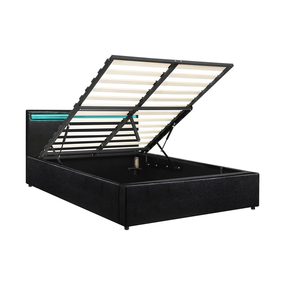 Oikiture Bed Frame RGB LED Queen Size Gas Lift Storage Base Black-Bed Frames-PEROZ Accessories