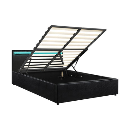 Oikiture Bed Frame RGB LED Queen Size Gas Lift Storage Base Black-Bed Frames-PEROZ Accessories