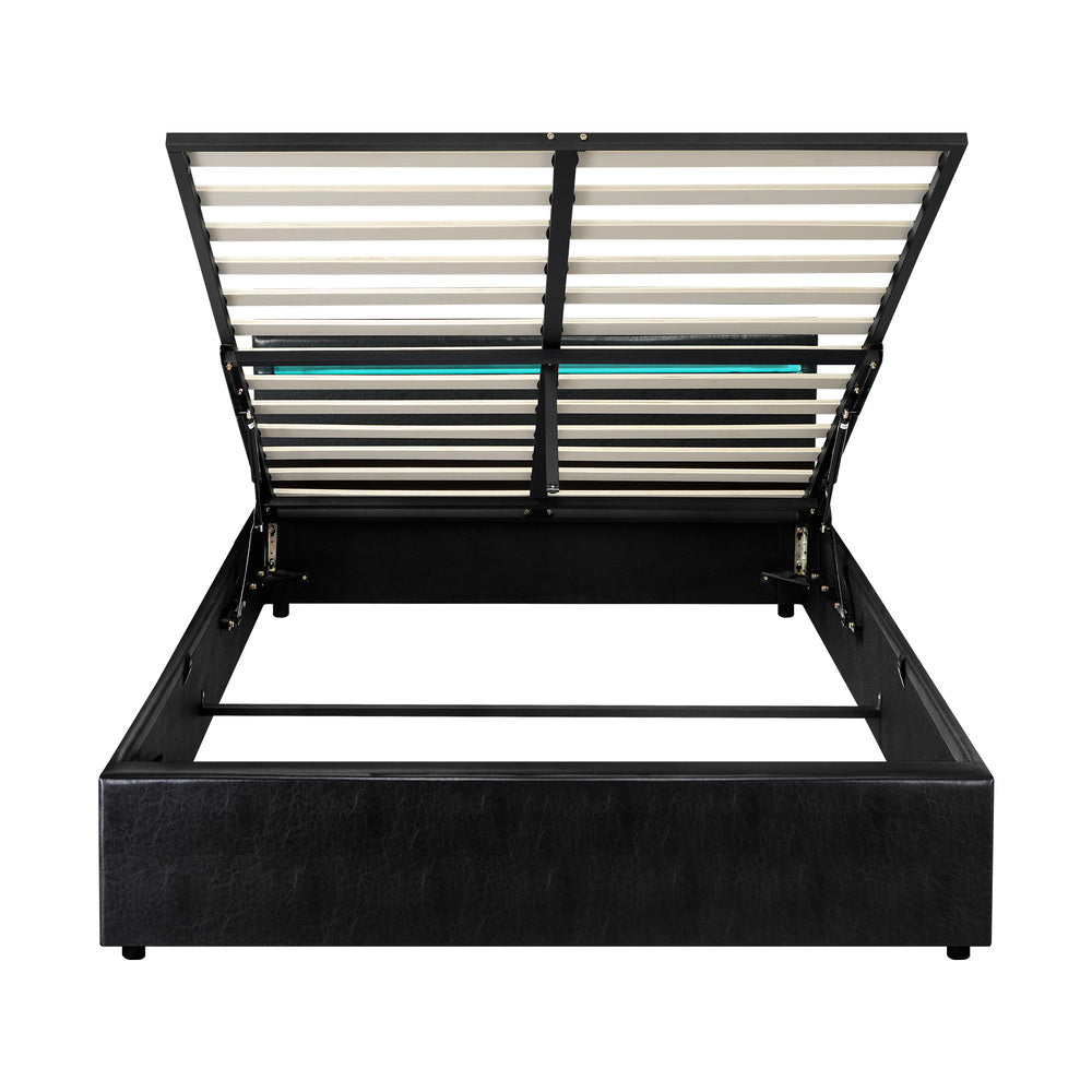 Oikiture Bed Frame RGB LED Queen Size Gas Lift Storage Base Black-Bed Frames-PEROZ Accessories