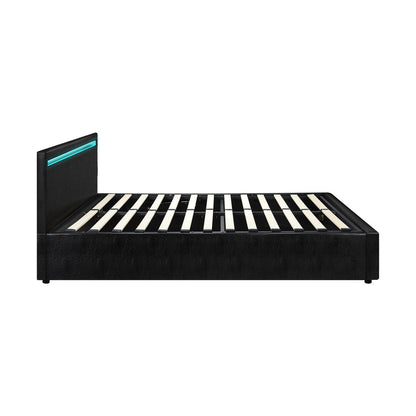 Oikiture Bed Frame RGB LED Queen Size Gas Lift Storage Base Black-Bed Frames-PEROZ Accessories