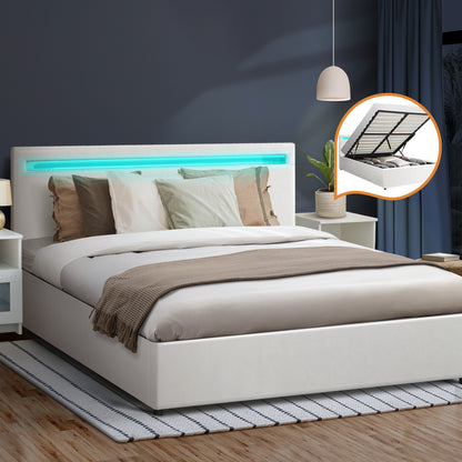 Oikiture Bed Frame RGB LED Queen Size Gas Lift Storage Base White-Bed Frames-PEROZ Accessories