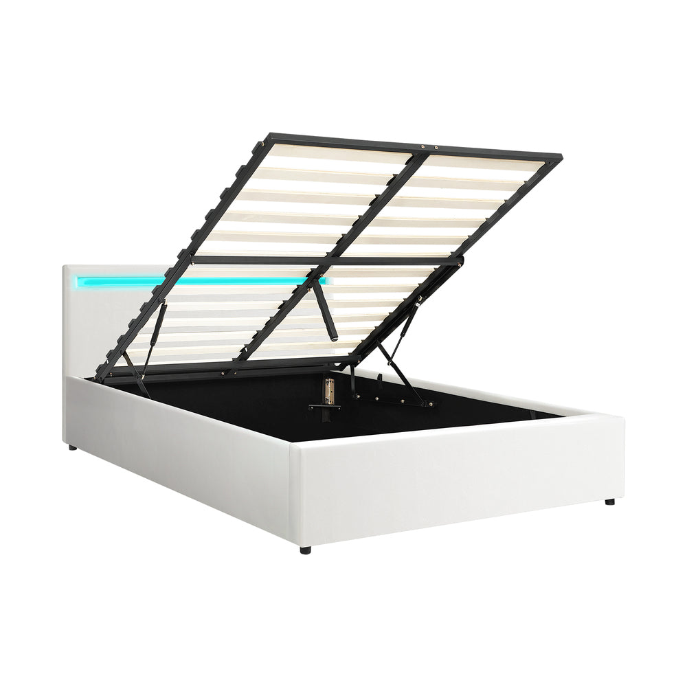 Oikiture Bed Frame RGB LED Queen Size Gas Lift Storage Base White-Bed Frames-PEROZ Accessories