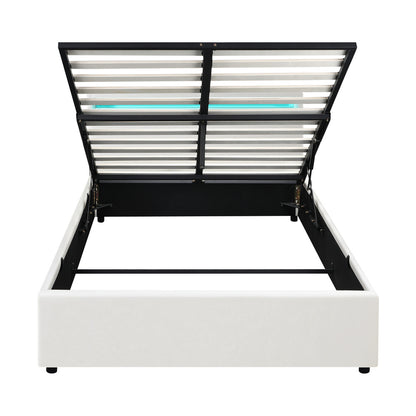 Oikiture Bed Frame RGB LED Queen Size Gas Lift Storage Base White-Bed Frames-PEROZ Accessories