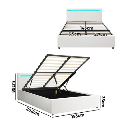 Oikiture Bed Frame RGB LED Queen Size Gas Lift Storage Base White-Bed Frames-PEROZ Accessories