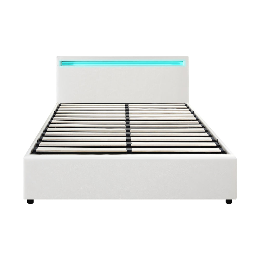 Oikiture Bed Frame RGB LED Queen Size Gas Lift Storage Base White-Bed Frames-PEROZ Accessories