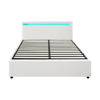 Oikiture Bed Frame RGB LED Queen Size Gas Lift Storage Base White-Bed Frames-PEROZ Accessories