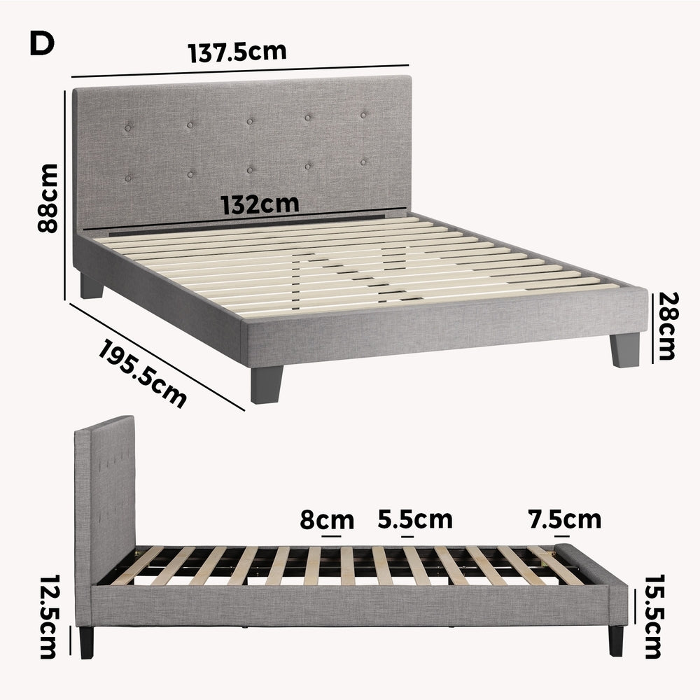 Oikiture Bed Frame Double Size Wooden Fabric Grey-Bed Frames-PEROZ Accessories
