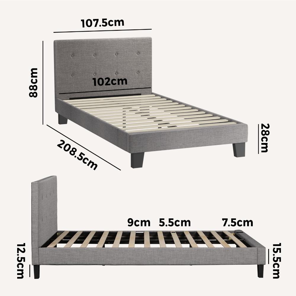 Oikiture Bed Frame King Single Wooden Fabric Grey-Bed Frames-PEROZ Accessories