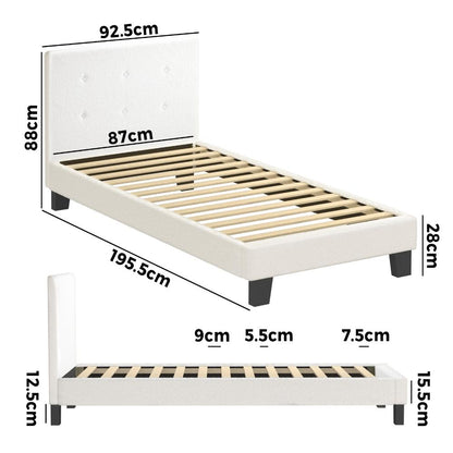 Oikiture Bed Frame Single Size White Boucle-Bed Frames-PEROZ Accessories