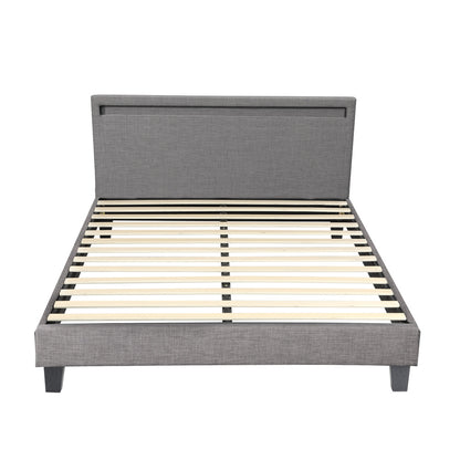 Oikiture Bed Frame RGB LED Queen Size Mattress Base Platform Wooden Grey Fabric-Bed Frames-PEROZ Accessories