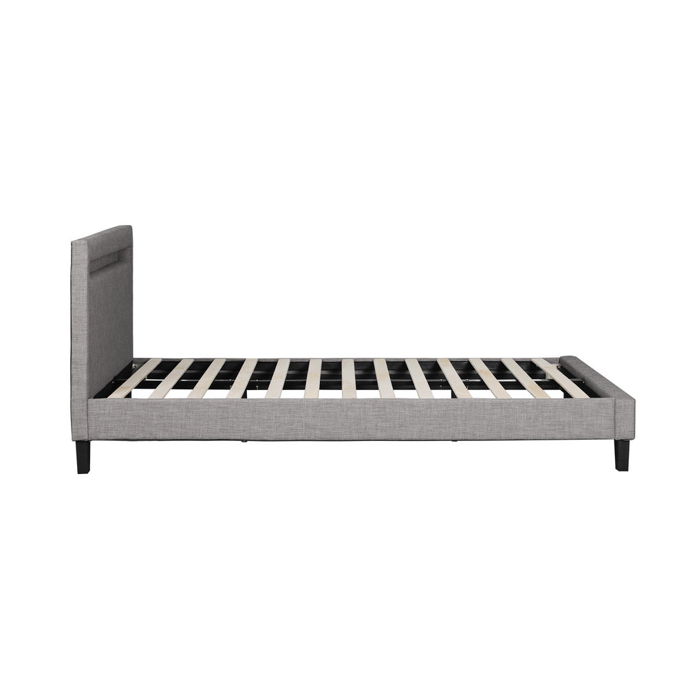 Oikiture Bed Frame RGB LED Queen Size Mattress Base Platform Wooden Grey Fabric