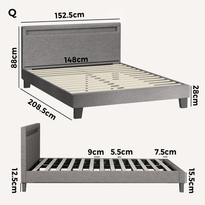 Oikiture Bed Frame RGB LED Queen Size Mattress Base Platform Wooden Grey Fabric-Bed Frames-PEROZ Accessories