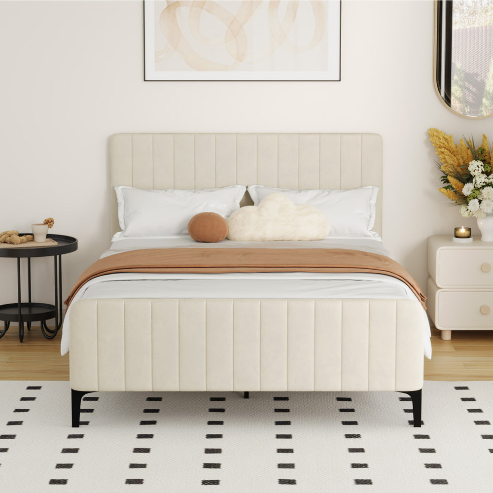 Oikiture Double Size Bed Frame Velvet Fabric Beige-Bed Frames-PEROZ Accessories