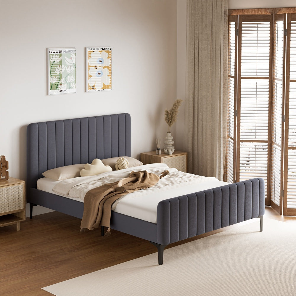 Oikiture Bed Frame Double Size Beds Platform Velvet Fabric Grey-Bed Frames-PEROZ Accessories