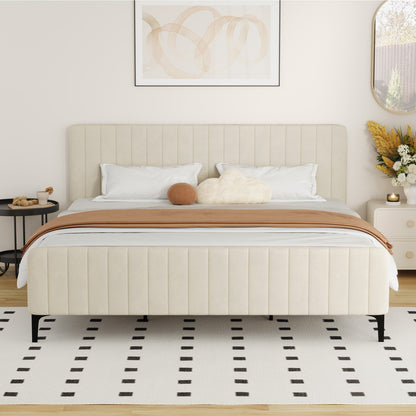 Oikiture King Size Bed Frame Velvet Fabric Beige-Bed Frames-PEROZ Accessories