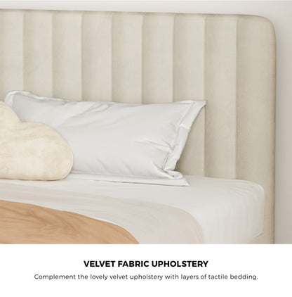 Oikiture King Size Bed Frame Velvet Fabric Beige-Bed Frames-PEROZ Accessories