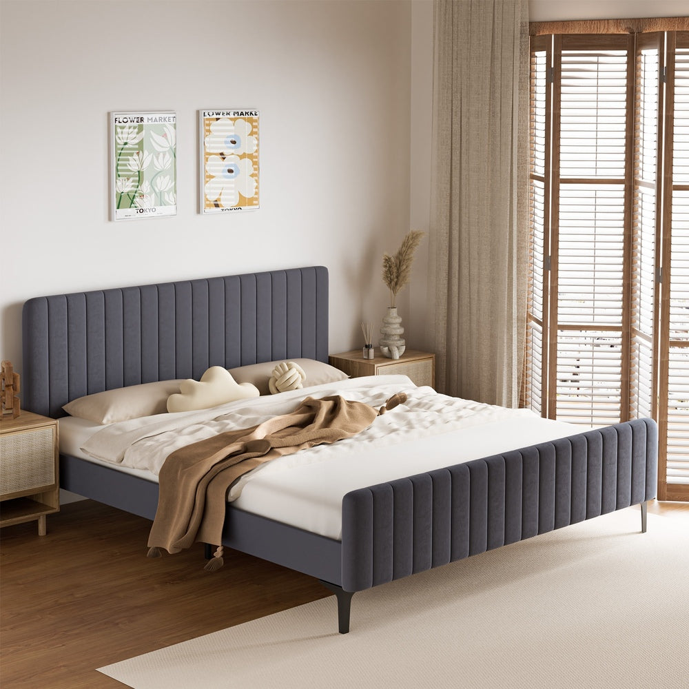 Oikiture Bed Frame King Size Beds Platform Velvet Fabric Grey-Bed Frames-PEROZ Accessories