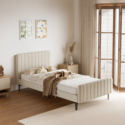 Oikiture King Single Bed Frame Velvet Fabric Beige-Bed Frames-PEROZ Accessories
