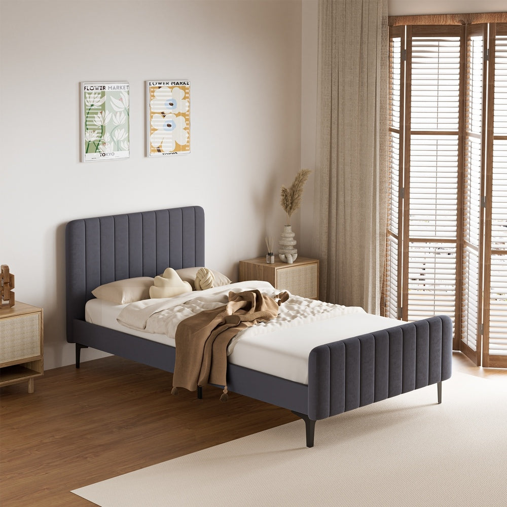 Oikiture Bed Frame King Single Beds Platform Velvet Fabric Grey-Bed Frames-PEROZ Accessories
