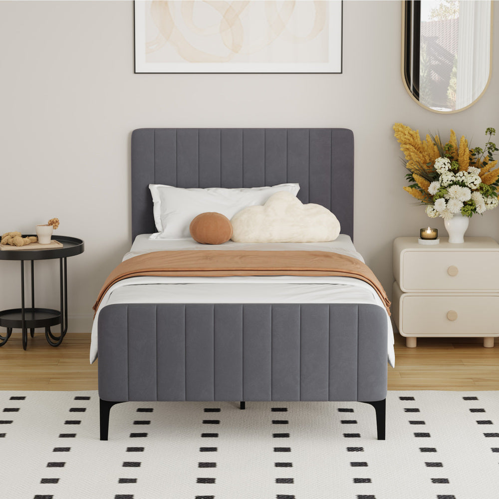 Oikiture Bed Frame King Single Beds Platform Velvet Fabric Grey-Bed Frames-PEROZ Accessories