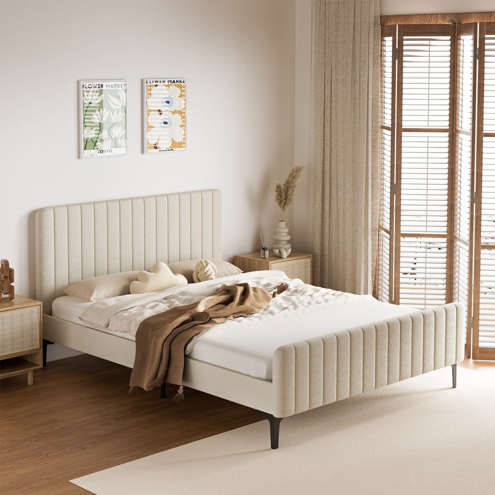Oikiture Queen Size Bed Frame Velvet Fabric Beige-Bed Frames-PEROZ Accessories