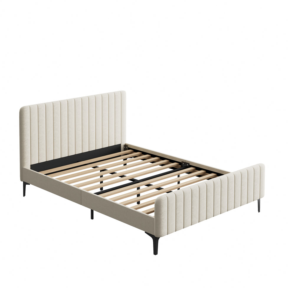 Oikiture Queen Size Bed Frame Velvet Fabric Beige-Bed Frames-PEROZ Accessories
