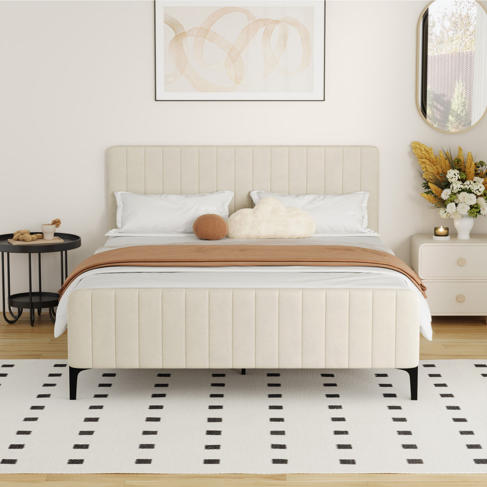 Oikiture Queen Size Bed Frame Velvet Fabric Beige-Bed Frames-PEROZ Accessories
